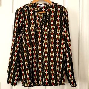 CALVIN KLEIN bold, graphic print button down long sleeve top, M, EUC